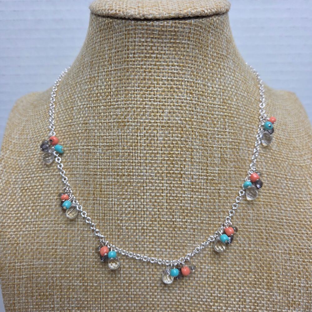 SAO Silver Tone Cha Cha Necklace W/ Faux Turquoise Coral & Crystal Beads